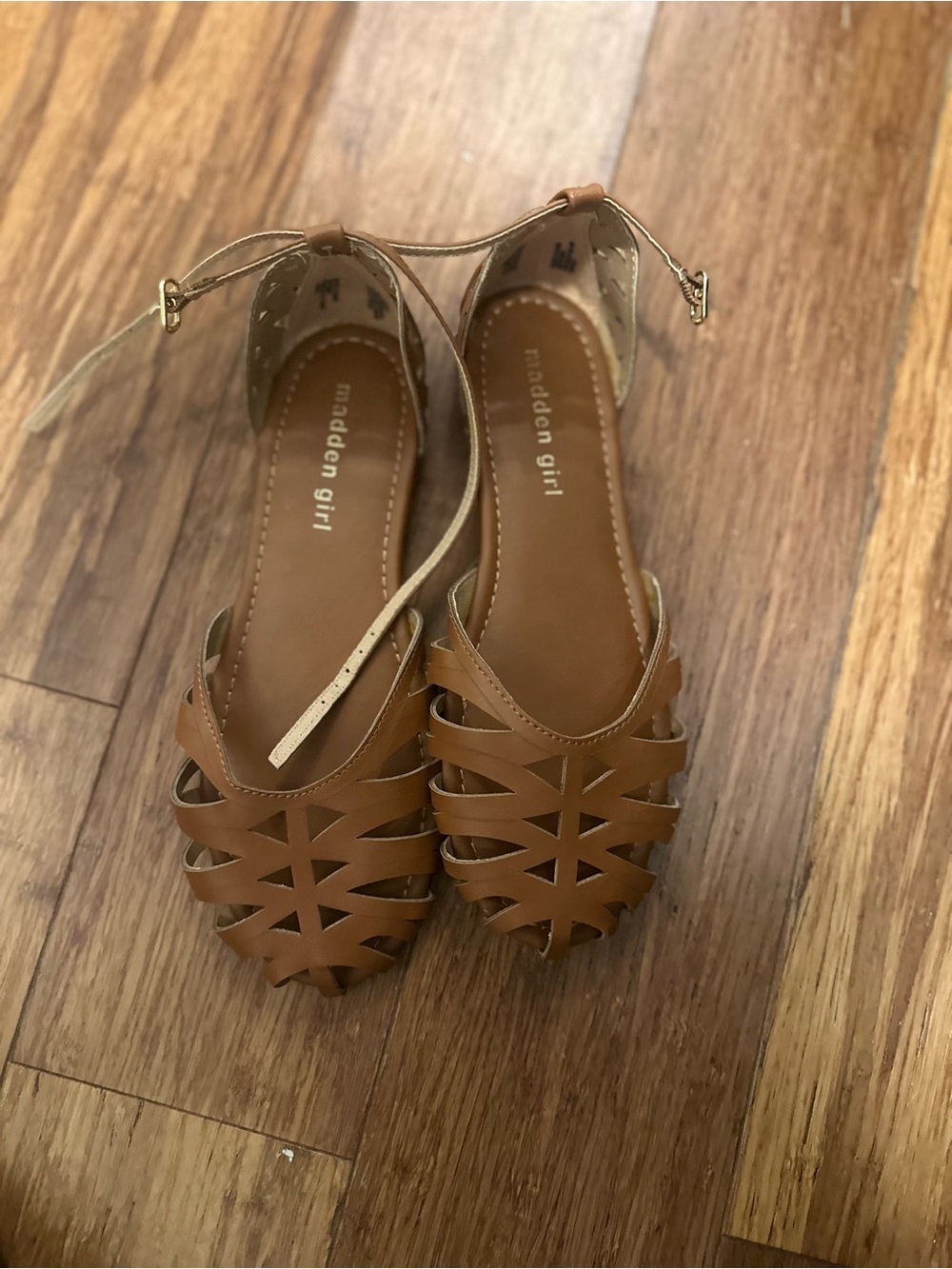 Madden Girl Tan Woven Ankle-Strap Flat Sandals